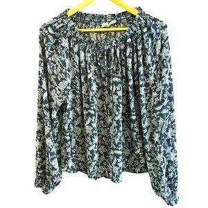 Faherty Blue Esna Floral Bohemian Emery Blouse Size XS Drawstring Peasant Top